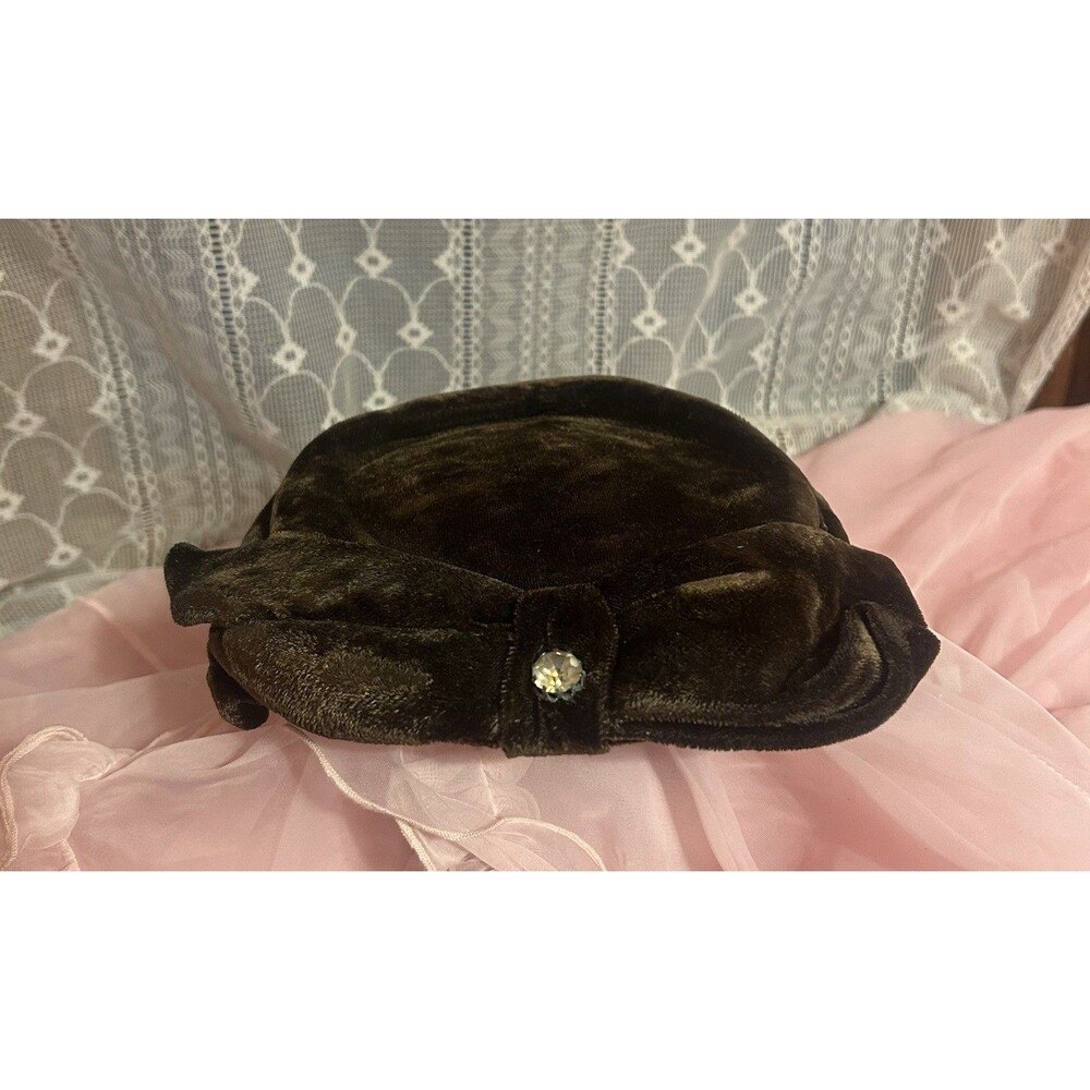Vintage 1950s Velvet Hat Rhinestone Gem Bow  Church Hat Brown Mid Century Gift